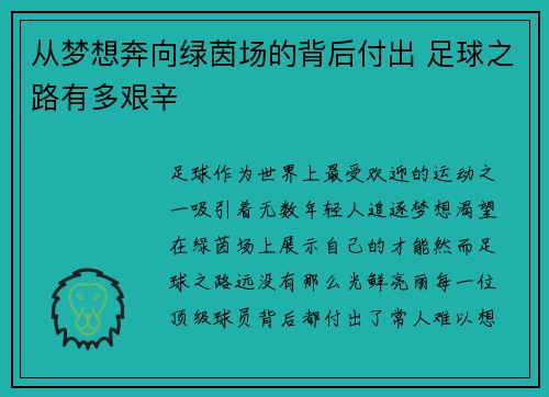 从梦想奔向绿茵场的背后付出 足球之路有多艰辛