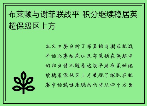 布莱顿与谢菲联战平 积分继续稳居英超保级区上方