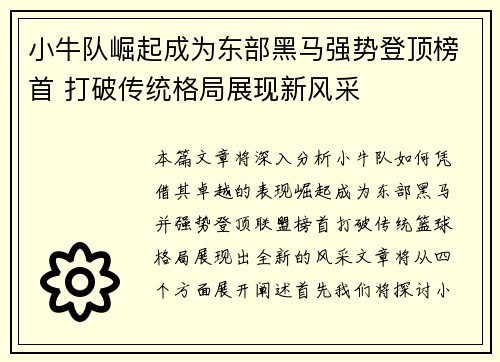 小牛队崛起成为东部黑马强势登顶榜首 打破传统格局展现新风采