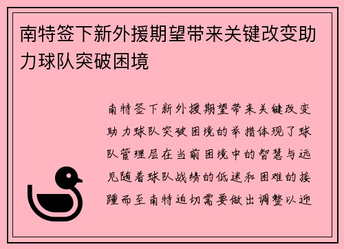 南特签下新外援期望带来关键改变助力球队突破困境