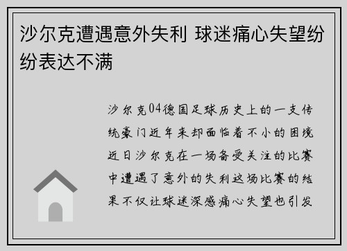 沙尔克遭遇意外失利 球迷痛心失望纷纷表达不满