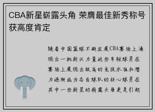 CBA新星崭露头角 荣膺最佳新秀称号获高度肯定