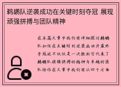 鹈鹕队逆袭成功在关键时刻夺冠 展现顽强拼搏与团队精神