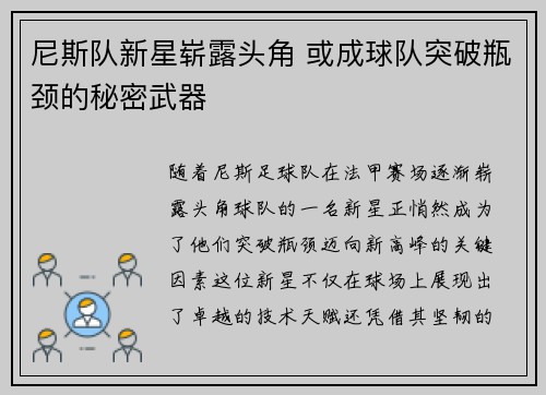 尼斯队新星崭露头角 或成球队突破瓶颈的秘密武器