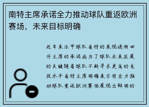 南特主席承诺全力推动球队重返欧洲赛场，未来目标明确