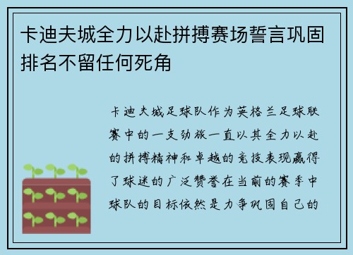 卡迪夫城全力以赴拼搏赛场誓言巩固排名不留任何死角